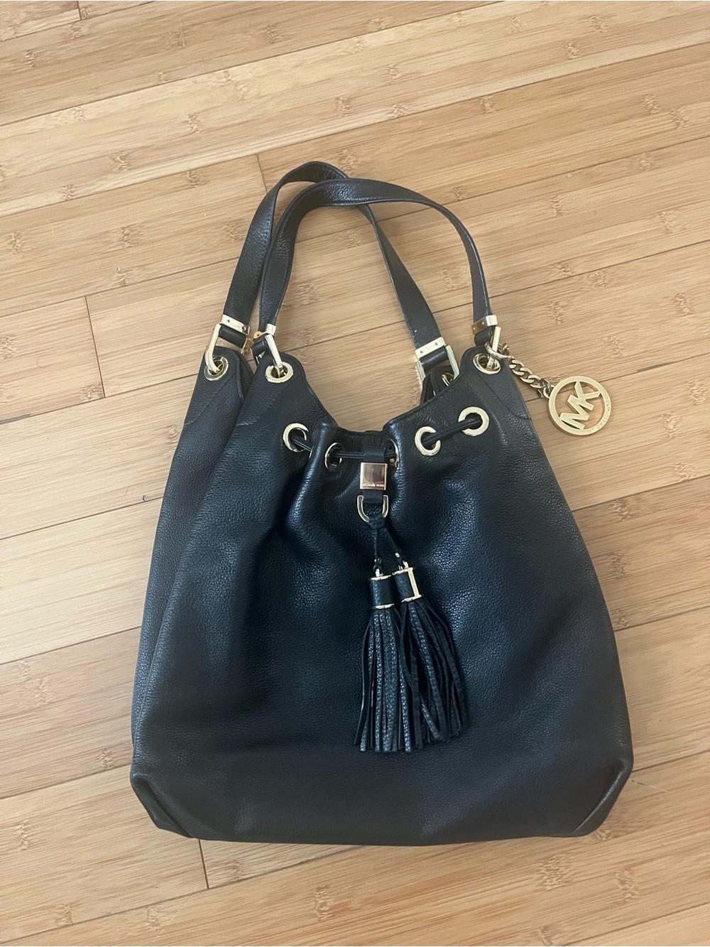 Michael Kors Black Leather Tassel Drawstring Hobo